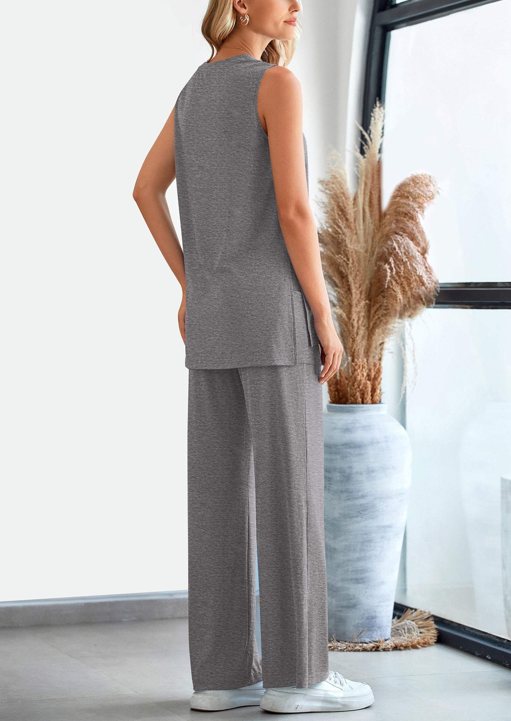 2 Piece Set Loose Tank Top Wide Leg Pants Casual Matching Outfits Tracksuit