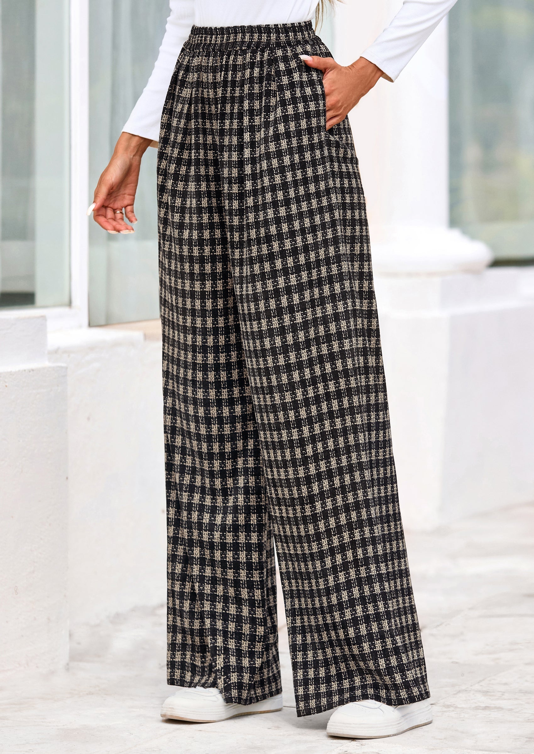 Casual Women's Pants Elastic Waist Palazzo Long Stretchy Wide Leg Trousers Knit Fall Outfits with Pockets