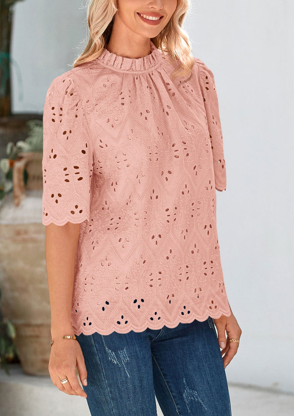 Womens Summer Tops Trendy Short Sleeve Eyelet Embroidered Dressy Casual Blouse Shirts