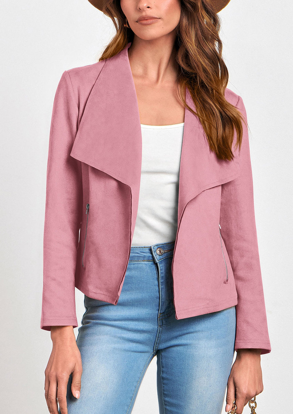 Women's Faux Suede Jackets Fashion Fall Clothes Long Sleeve Open Front Cropped Coat Outwear