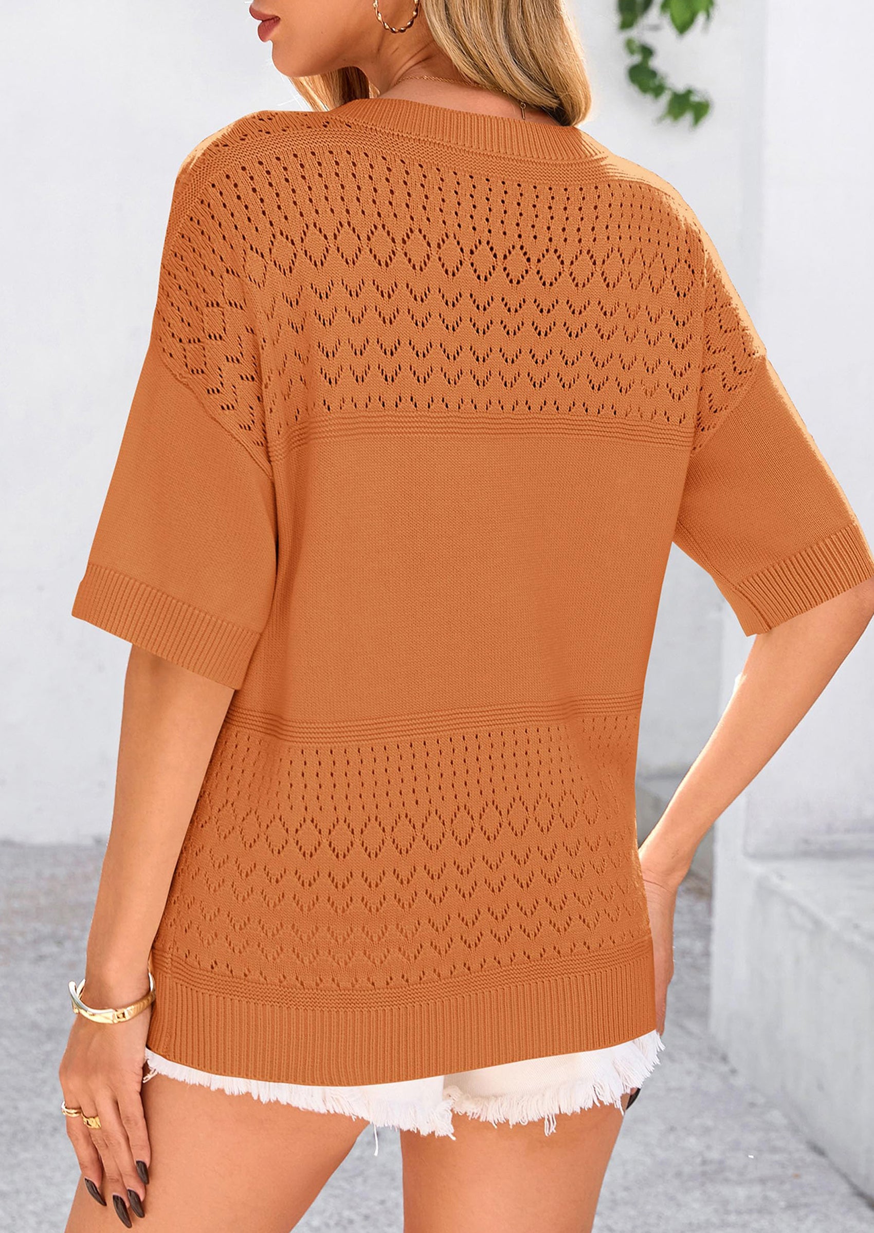 Women's Short Sleeve Sweater Tops Spring Summer Casual V Neck Ribbed Knit Trendy Eyelet Blouse T Shirts