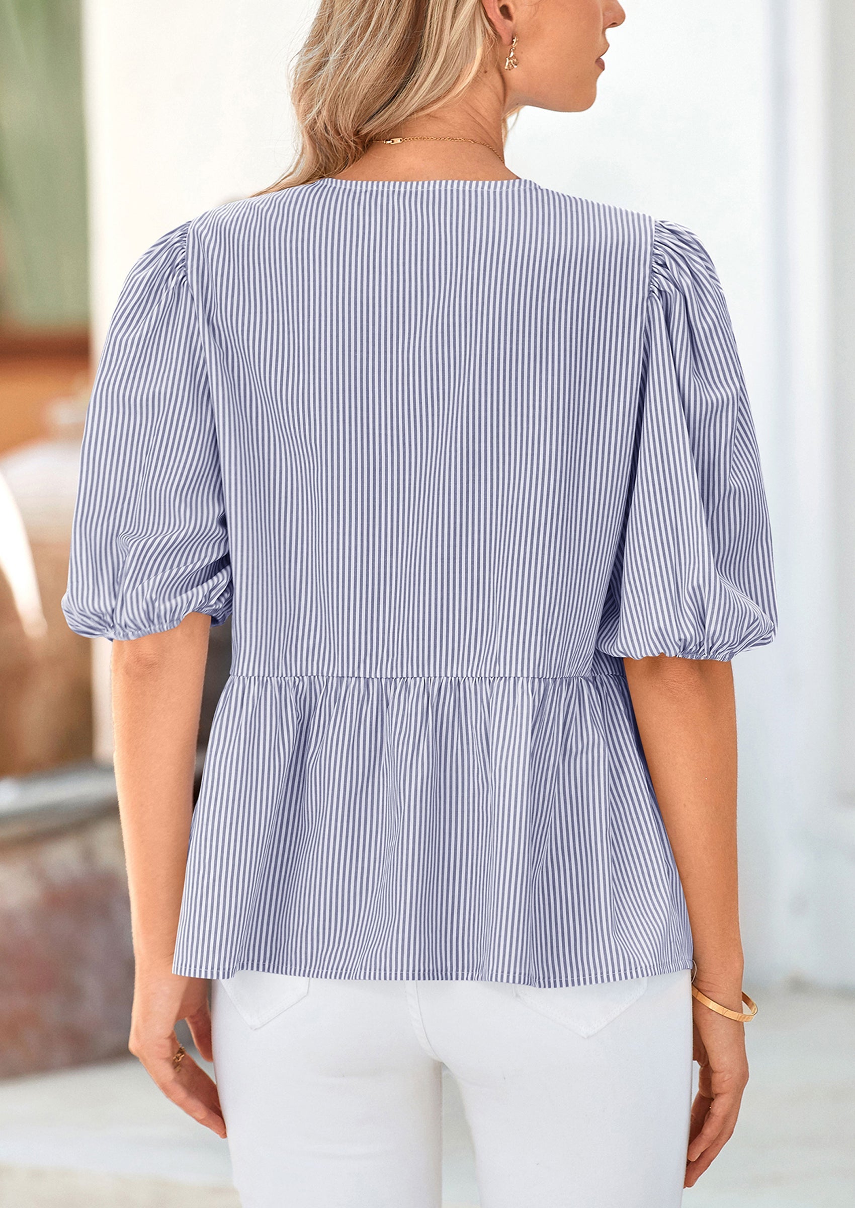 Women's Tie Front Striped Shirt Summer Trendy Fashion Cute Babydoll Tops Peplum Puffy Sleeve Blouse