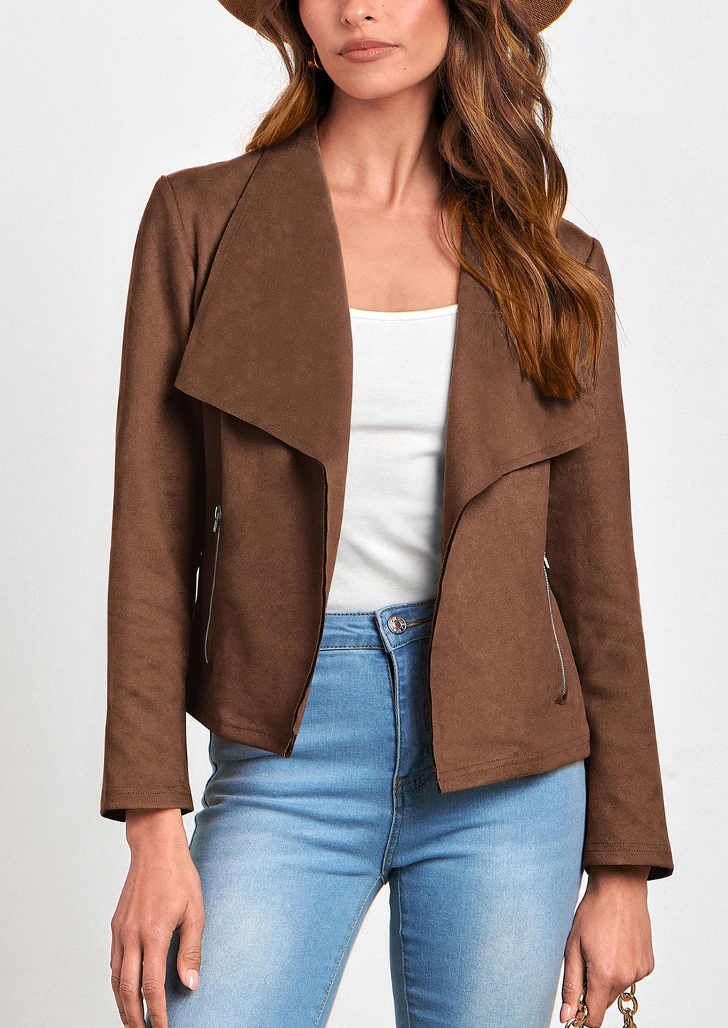 Women's Faux Suede Jackets Fashion Fall Clothes Long Sleeve Open Front Cropped Coat Outwear