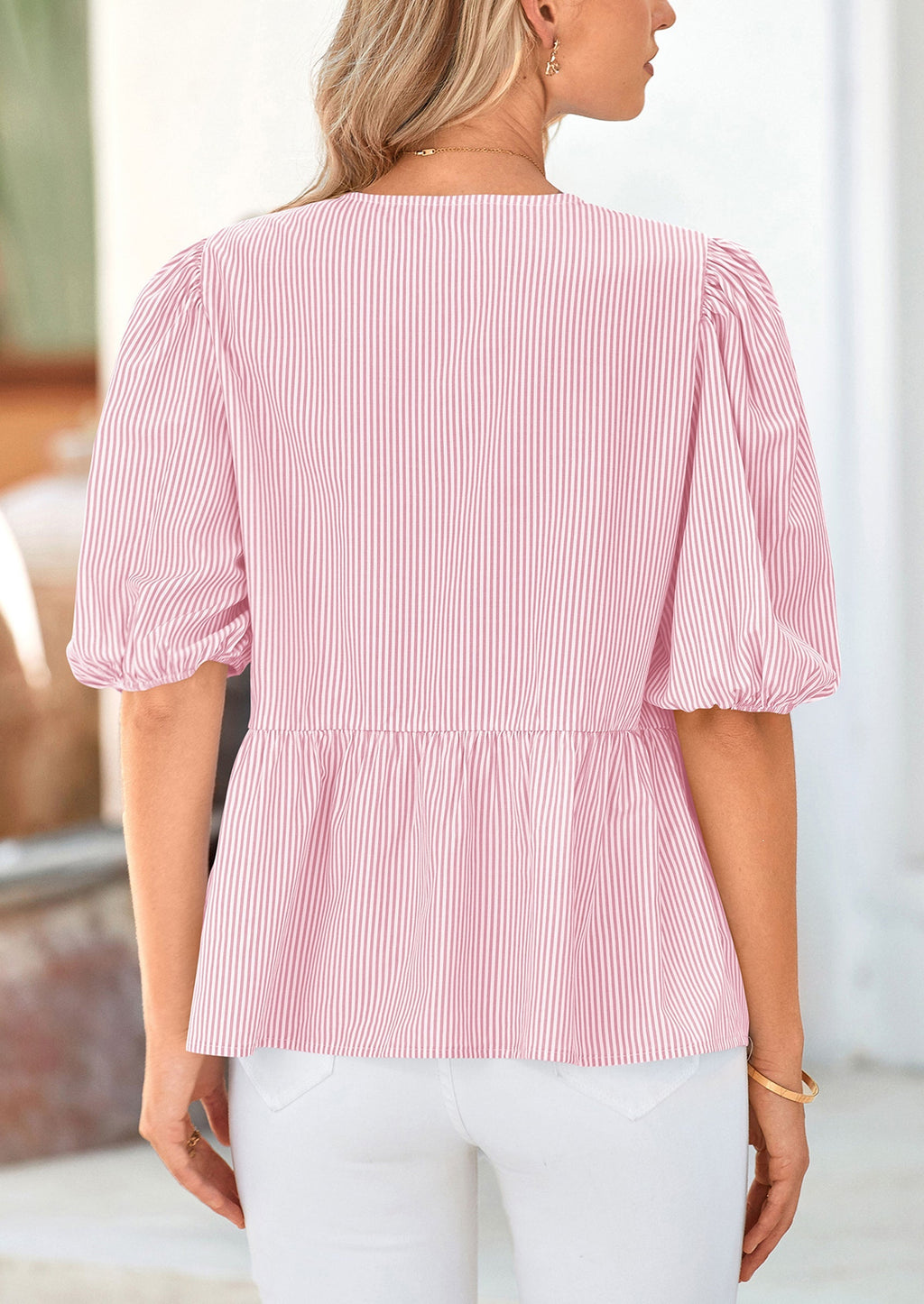 Women's Tie Front Striped Shirt Summer Trendy Fashion Cute Babydoll Tops Peplum Puffy Sleeve Blouse