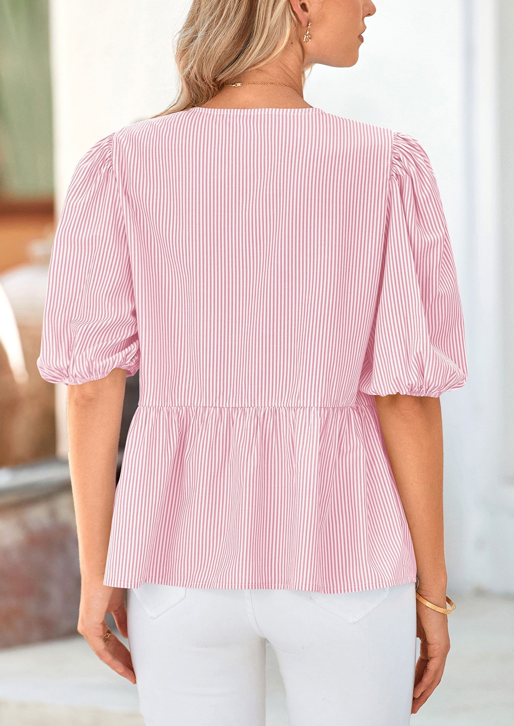 Women's Tie Front Striped Shirt Summer Trendy Fashion Cute Babydoll Tops Peplum Puffy Sleeve Blouse