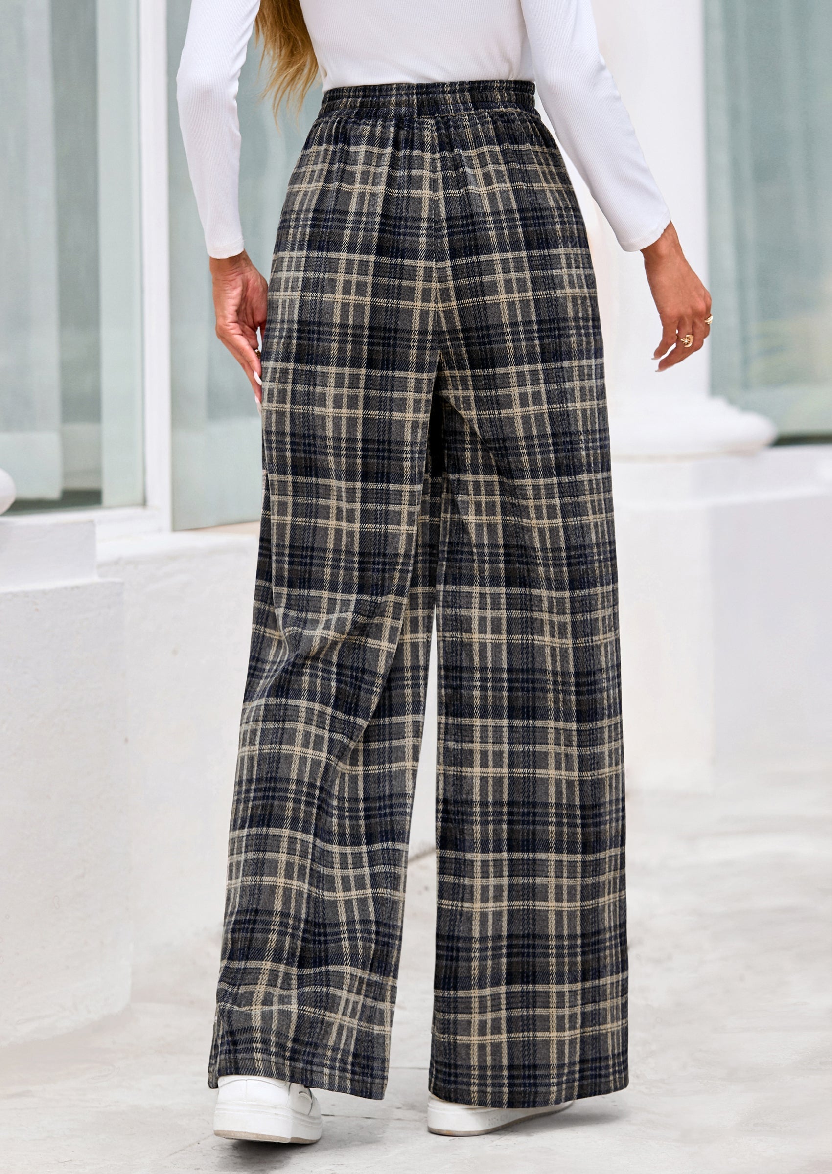 Casual Women's Pants Elastic Waist Palazzo Long Stretchy Wide Leg Trousers Knit Fall Outfits with Pockets