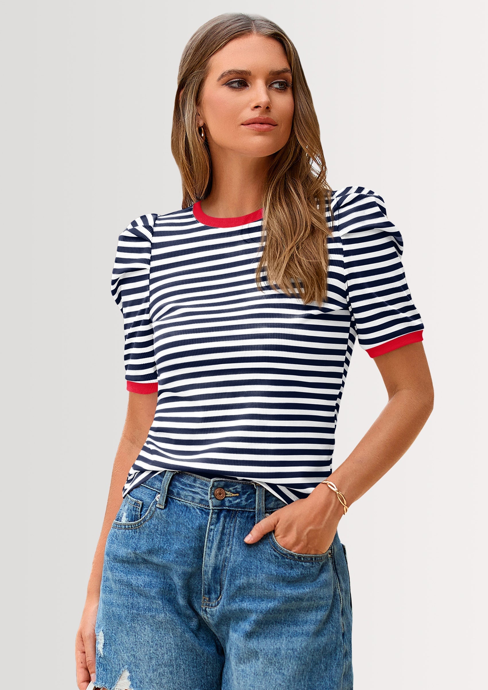 Women's Summer Puff Sleeve Tops Casual Ribbed Knit Crop Top Color Block Trendy Crewneck Striped Shirts