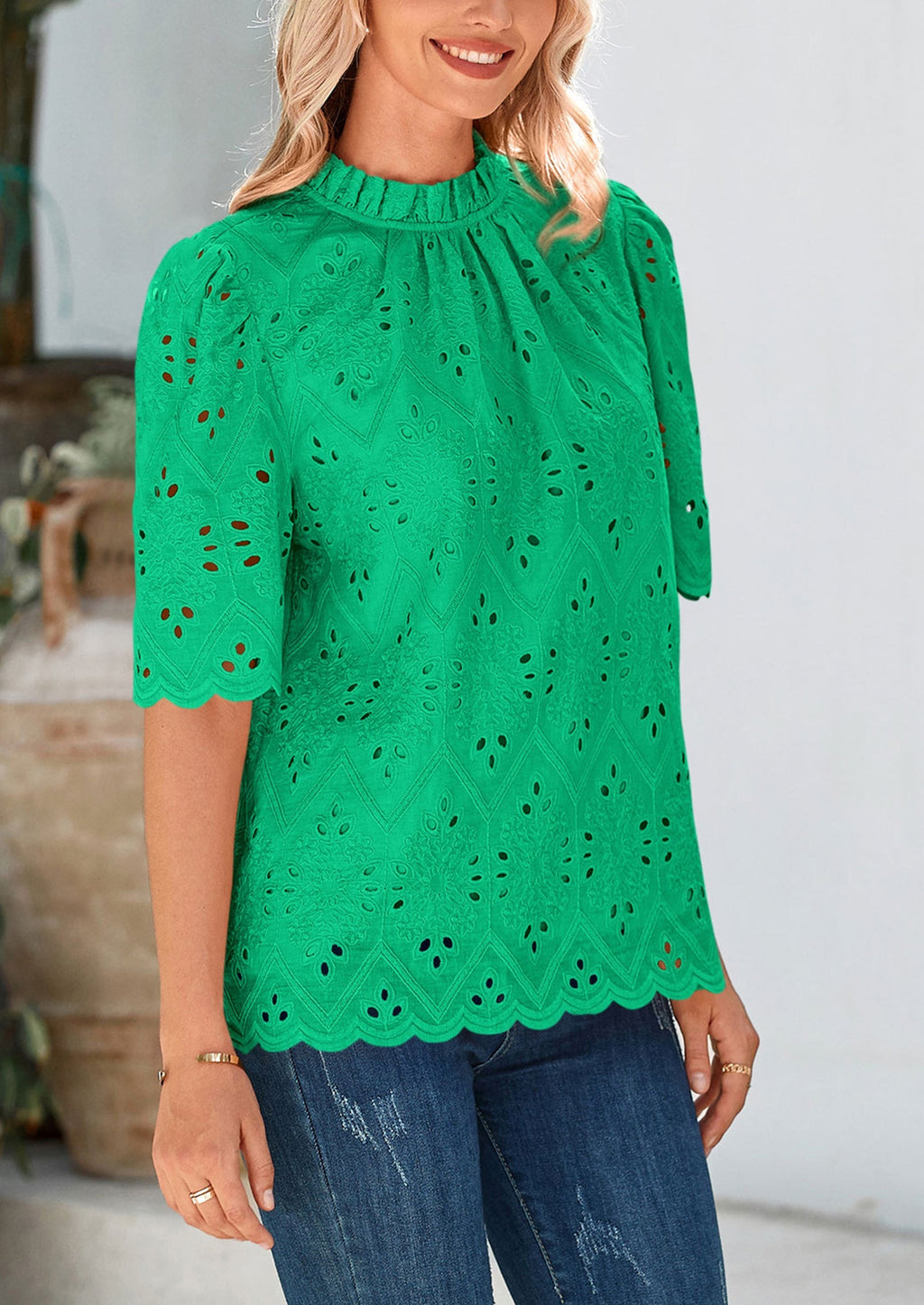 Womens Summer Tops Trendy Short Sleeve Eyelet Embroidered Dressy Casual Blouse Shirts