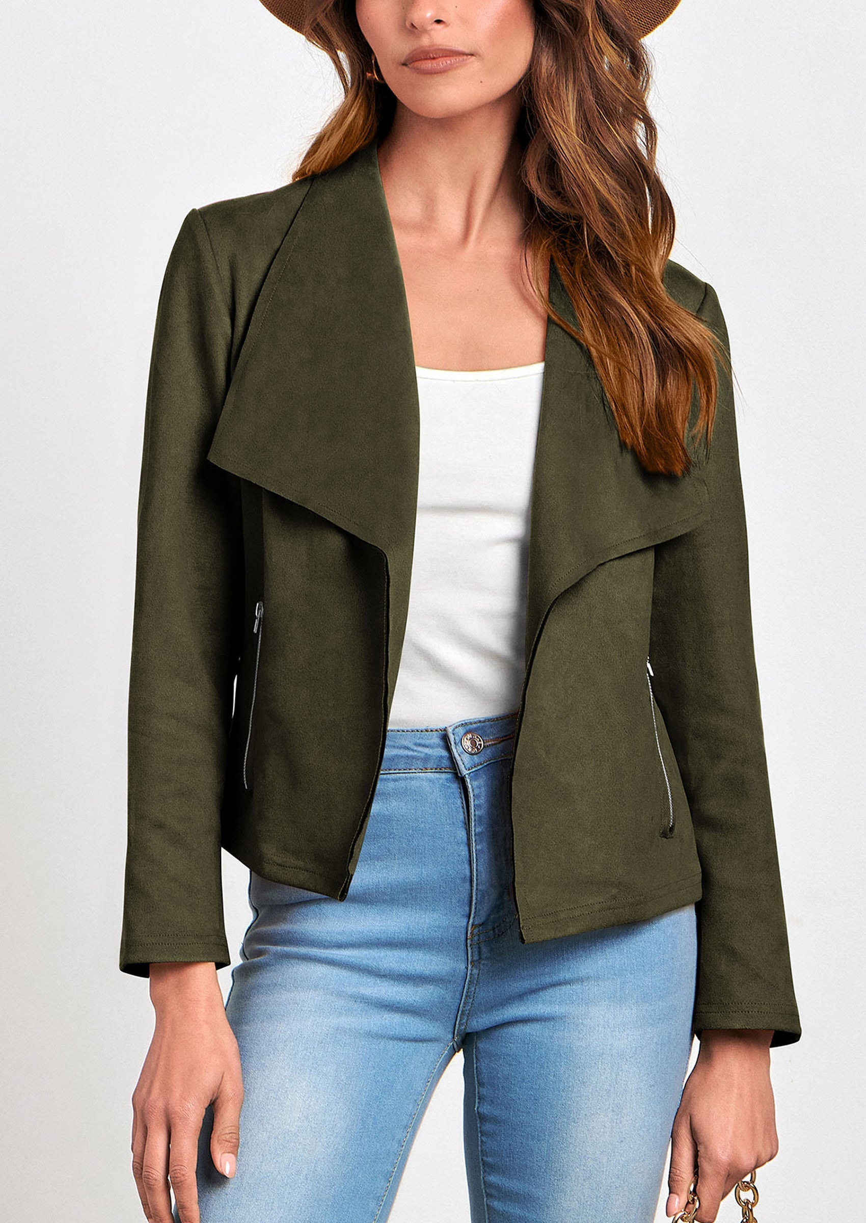 Women's Faux Suede Jackets Fashion Fall Clothes Long Sleeve Open Front Cropped Coat Outwear
