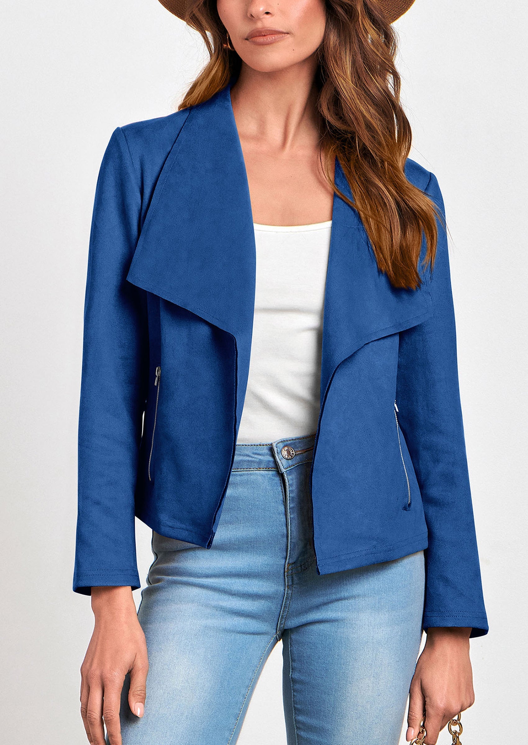 Women's Faux Suede Jackets Fashion Fall Clothes Long Sleeve Open Front Cropped Coat Outwear