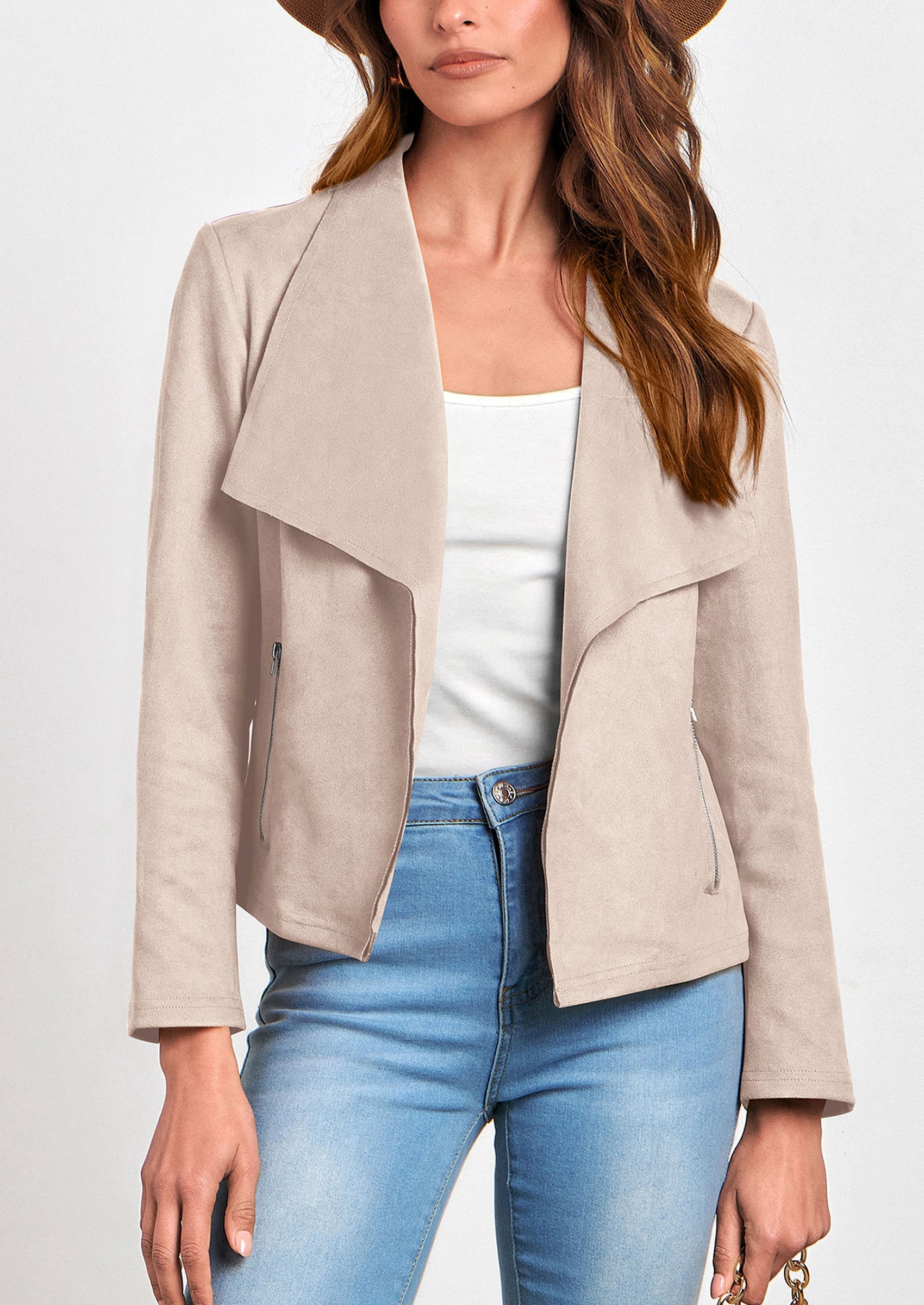 Women's Faux Suede Jackets Fashion Fall Clothes Long Sleeve Open Front Cropped Coat Outwear