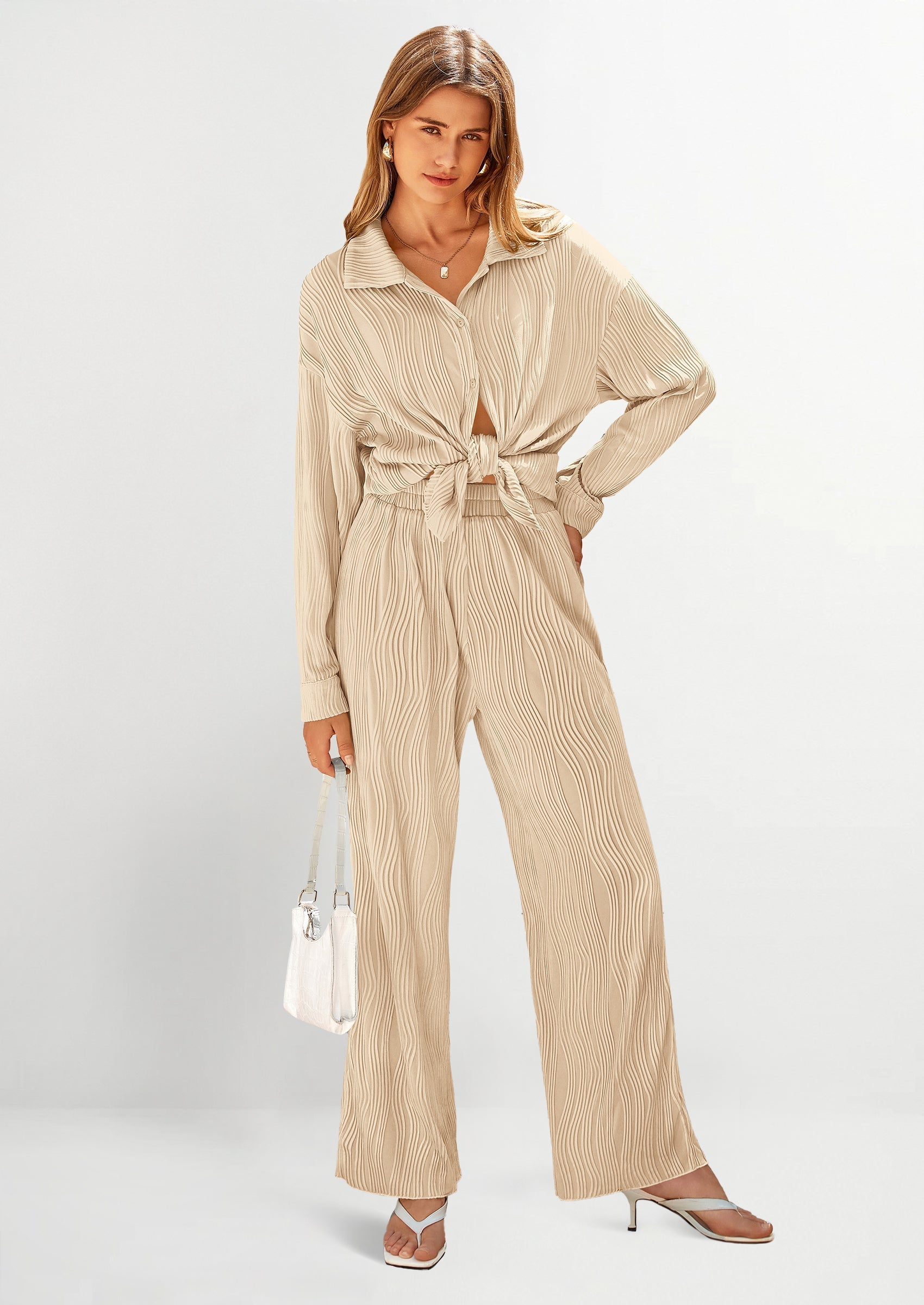 2 Piece Textured Sets Casual Button Down Shirt Wide Leg Pants Outfit Loungewear Tracksuit