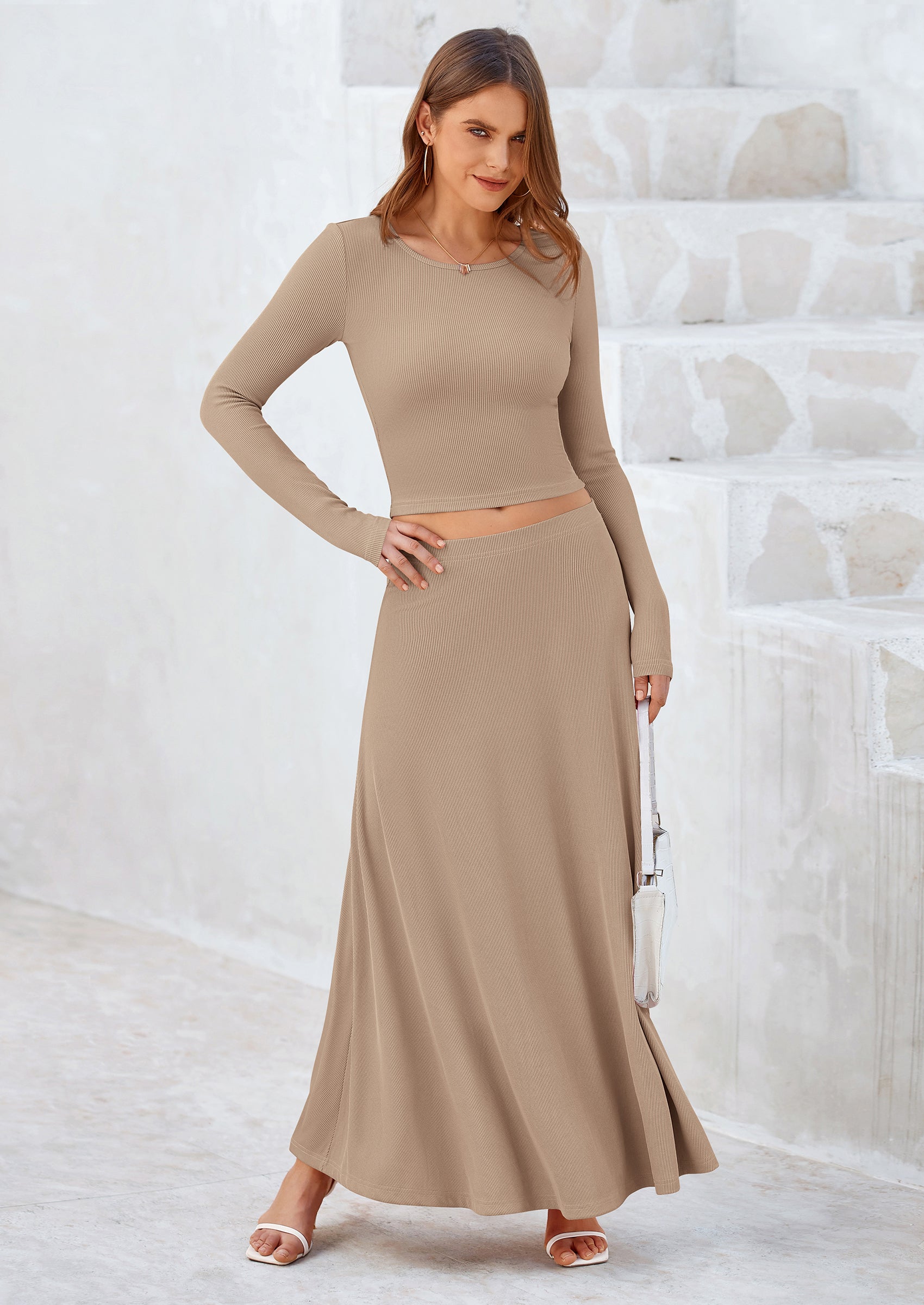 2 Piece Casual Ribbed Knit Long Sleeve Crop Tops Maxi Flowy Skirts Matching Sets