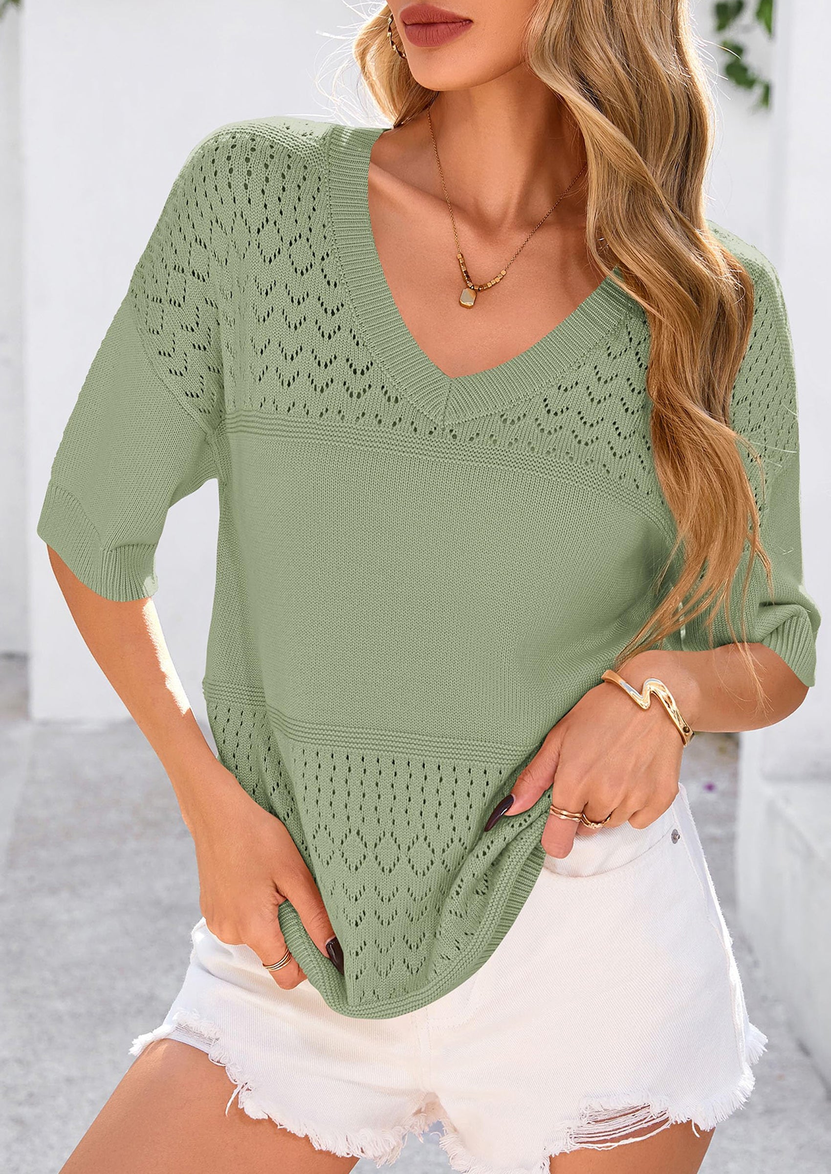 Women's Short Sleeve Sweater Tops Spring Summer Casual V Neck Ribbed Knit Trendy Eyelet Blouse T Shirts