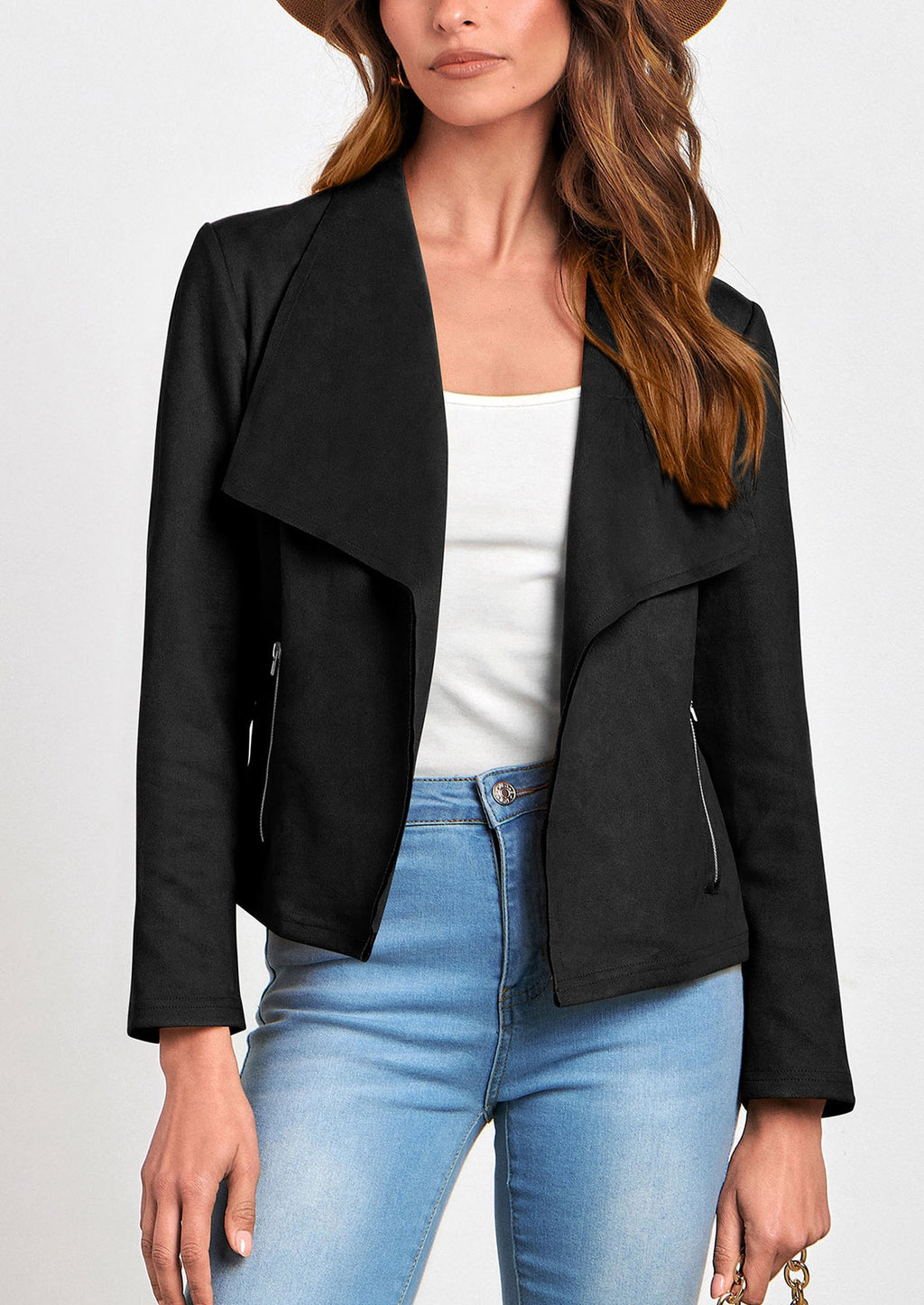 Women's Faux Suede Jackets Fashion Fall Clothes Long Sleeve Open Front Cropped Coat Outwear