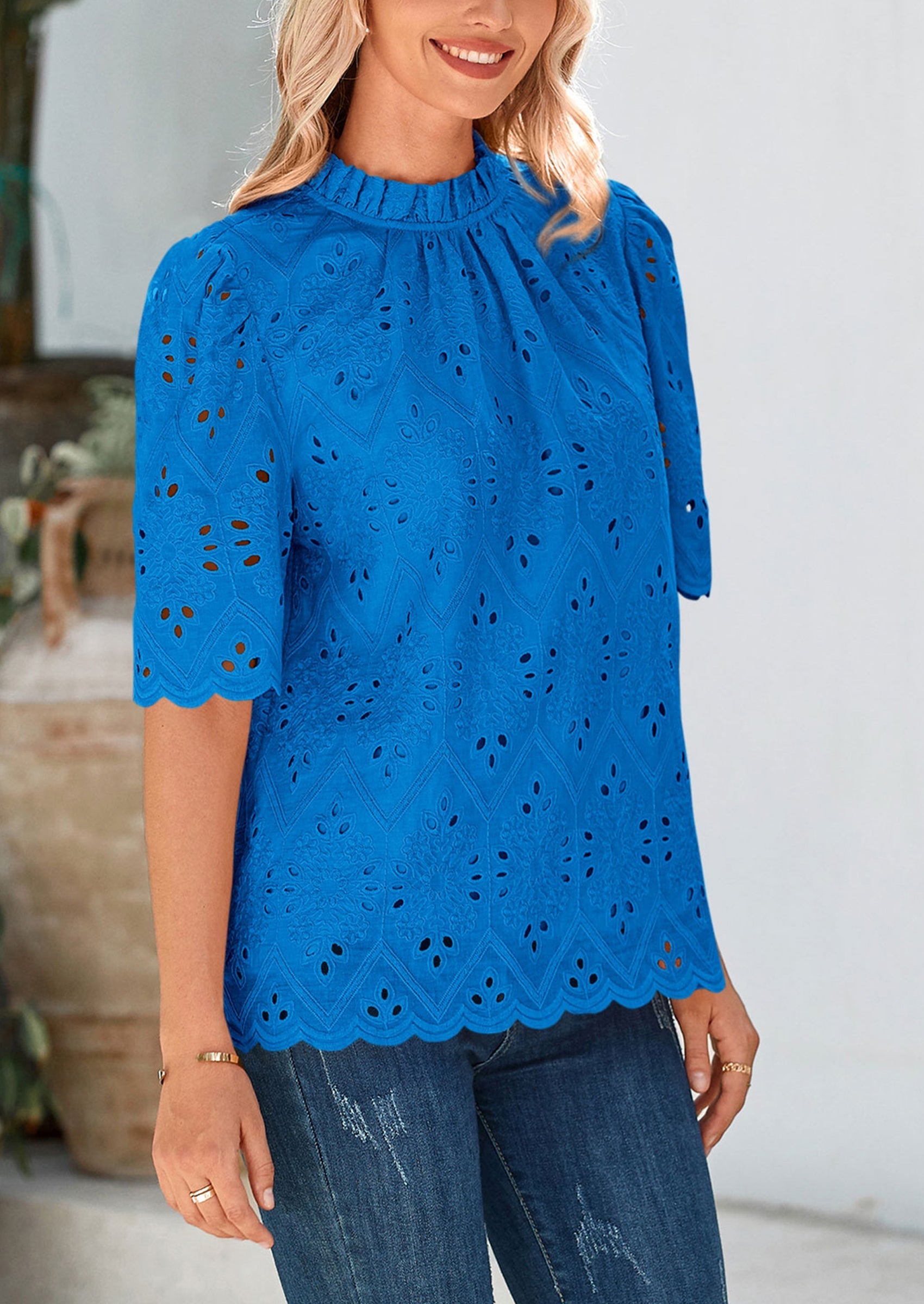 Womens Summer Tops Trendy Short Sleeve Eyelet Embroidered Dressy Casual Blouse Shirts