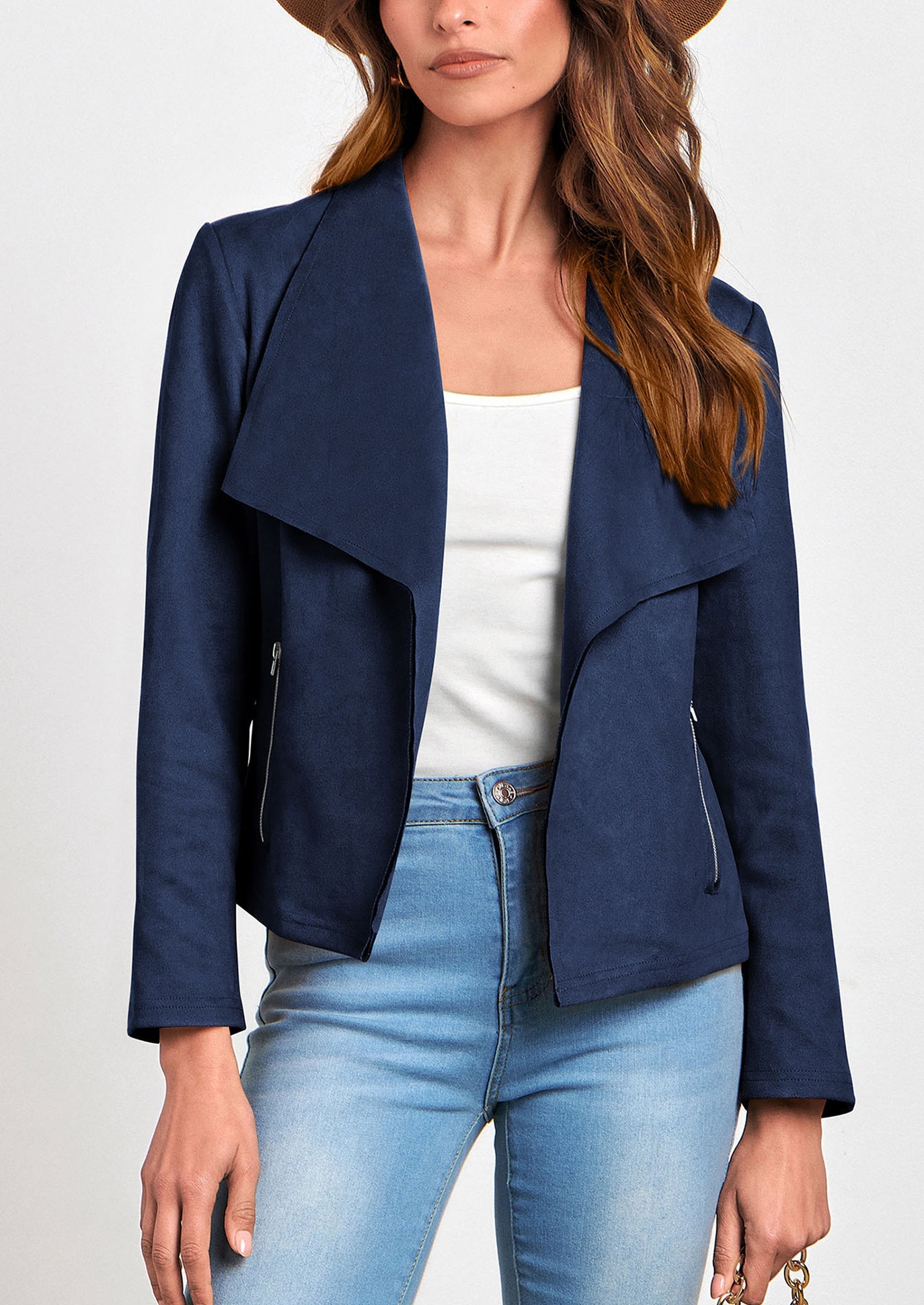 Women's Faux Suede Jackets Fashion Fall Clothes Long Sleeve Open Front Cropped Coat Outwear