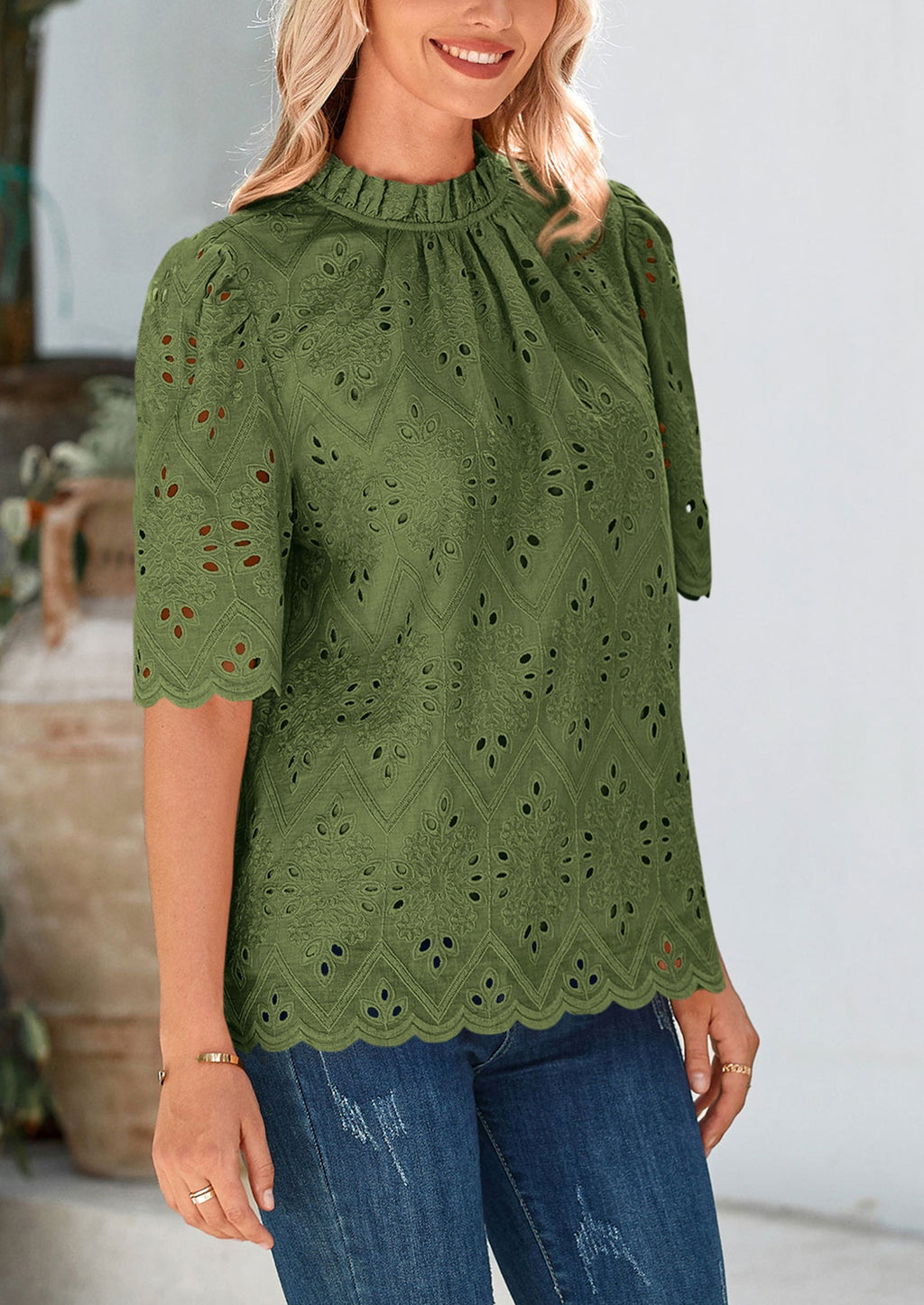 Womens Summer Tops Trendy Short Sleeve Eyelet Embroidered Dressy Casual Blouse Shirts