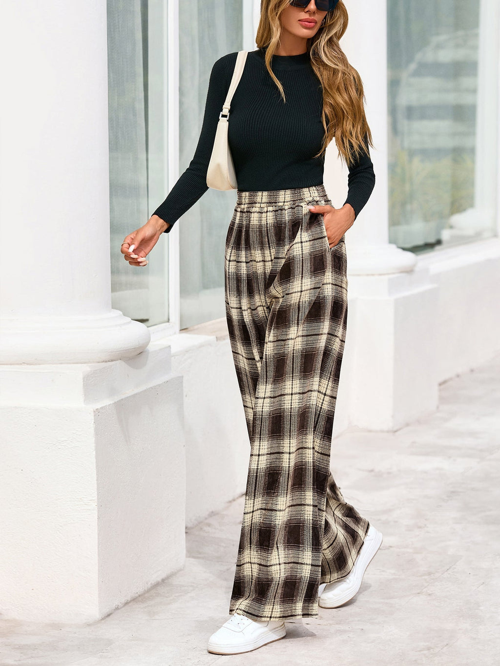 Casual Women's Pants Elastic Waist Palazzo Long Stretchy Wide Leg Trousers Knit Fall Outfits with Pockets