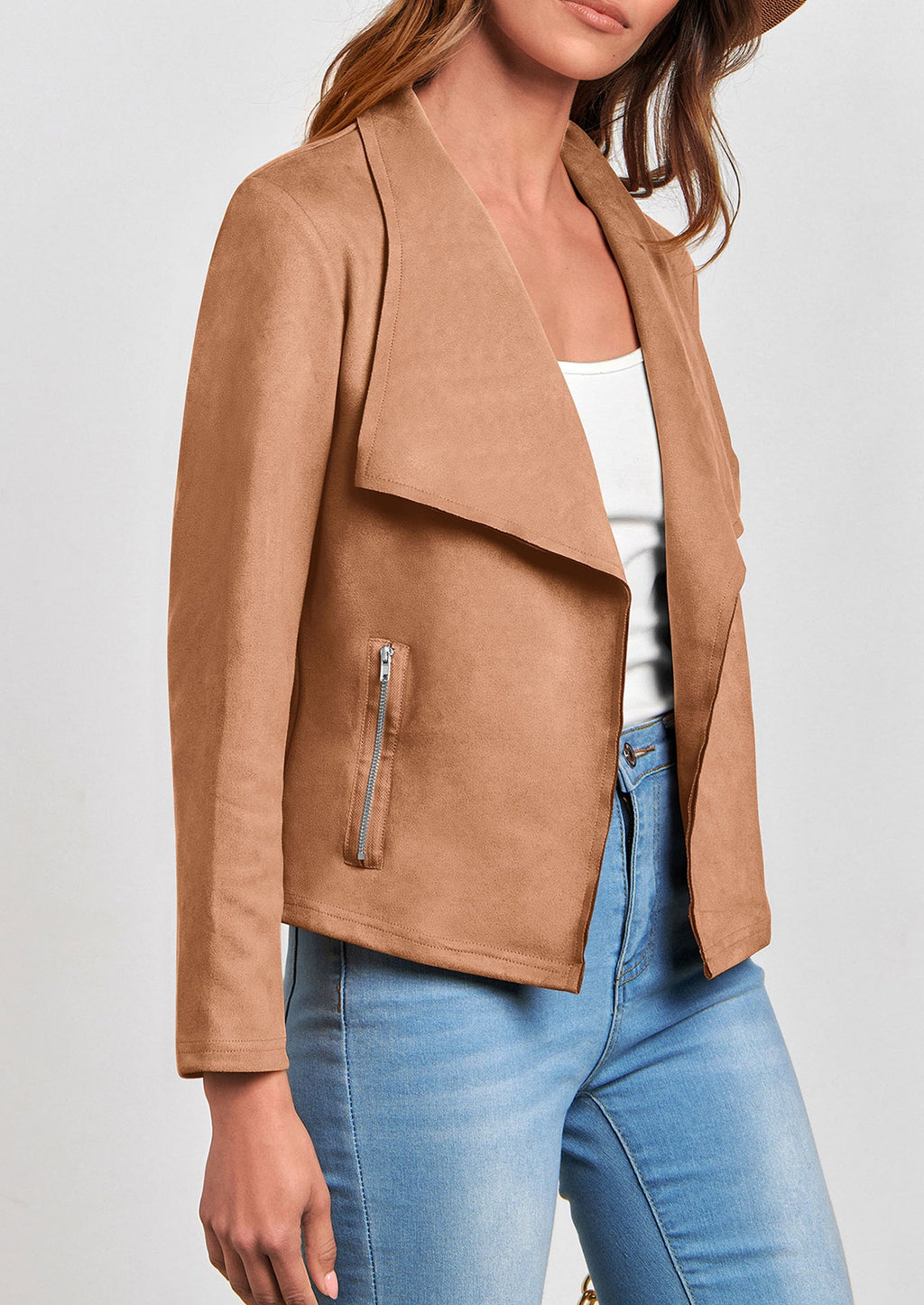 Women's Faux Suede Jackets Fashion Fall Clothes Long Sleeve Open Front Cropped Coat Outwear