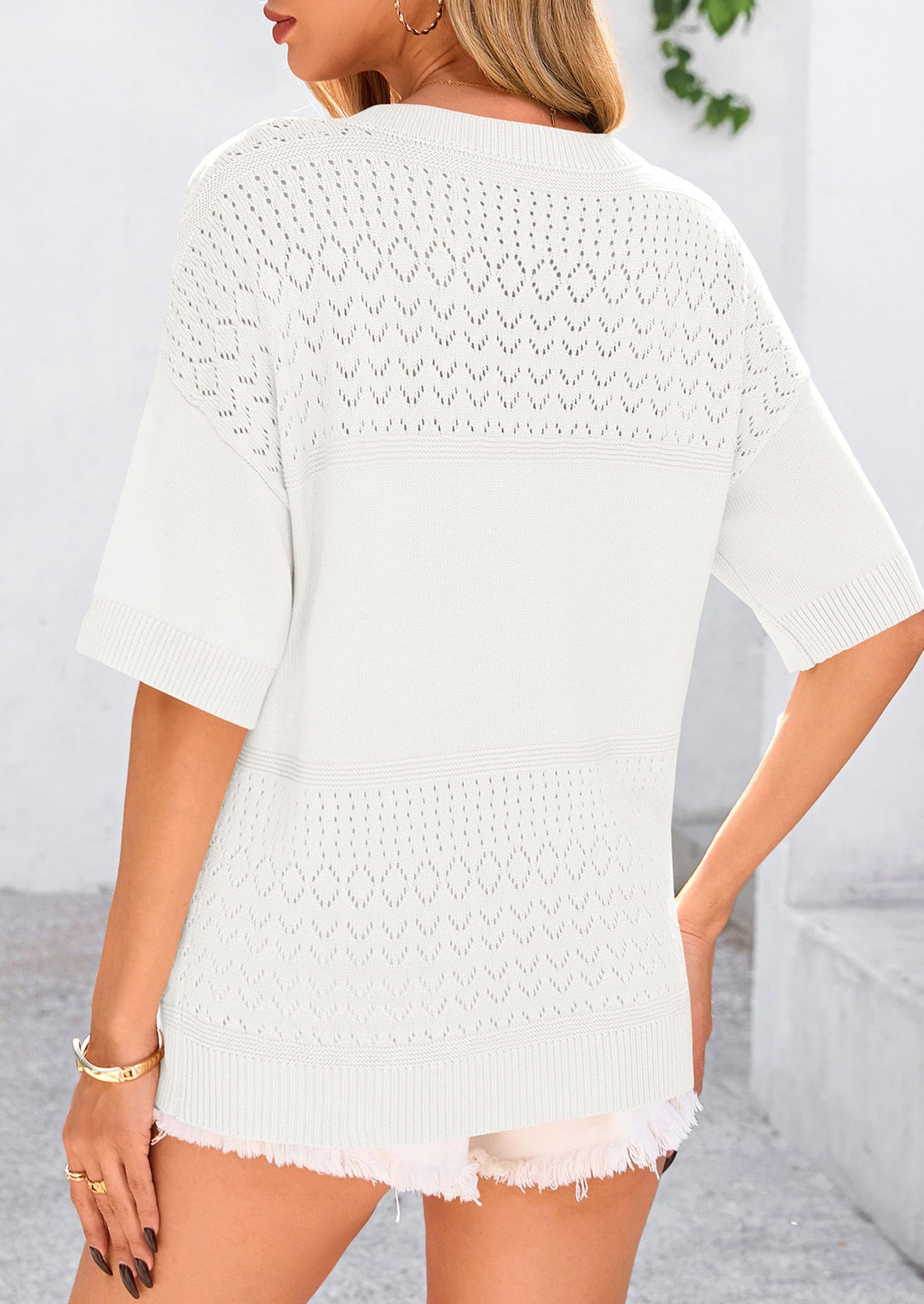 Women's Short Sleeve Sweater Tops Spring Summer Casual V Neck Ribbed Knit Trendy Eyelet Blouse T Shirts