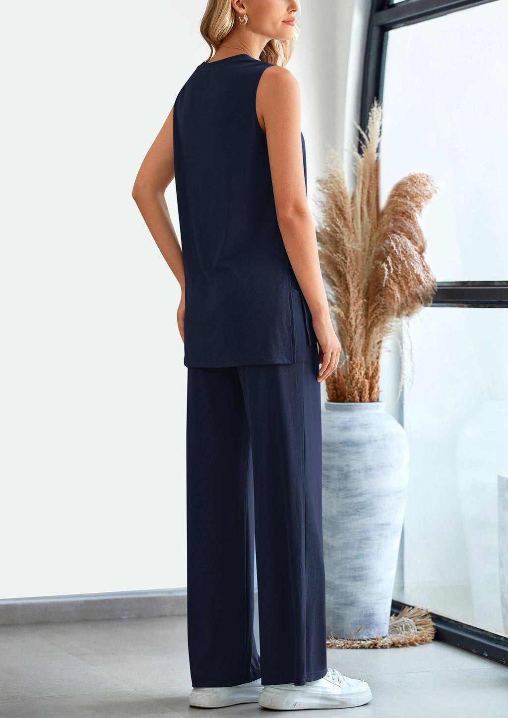 2 Piece Set Loose Tank Top Wide Leg Pants Casual Matching Outfits Tracksuit