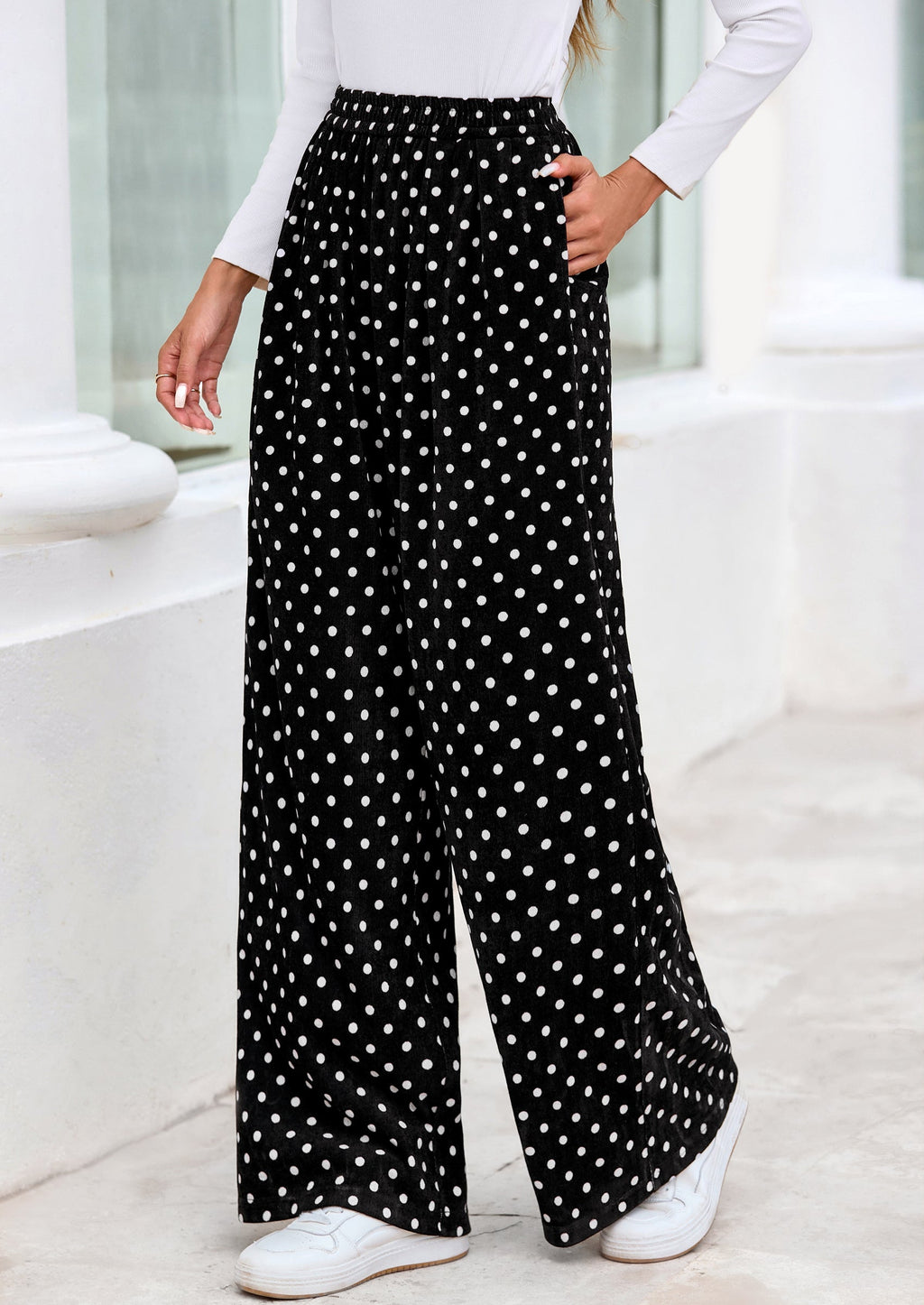 Casual Women's Pants Elastic Waist Palazzo Long Stretchy Wide Leg Trousers Knit Fall Outfits with Pockets