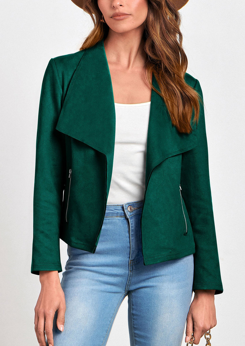 Women's Faux Suede Jackets Fashion Fall Clothes Long Sleeve Open Front Cropped Coat Outwear