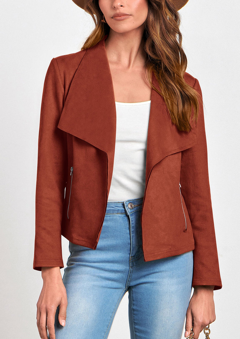 Women's Faux Suede Jackets Fashion Fall Clothes Long Sleeve Open Front Cropped Coat Outwear
