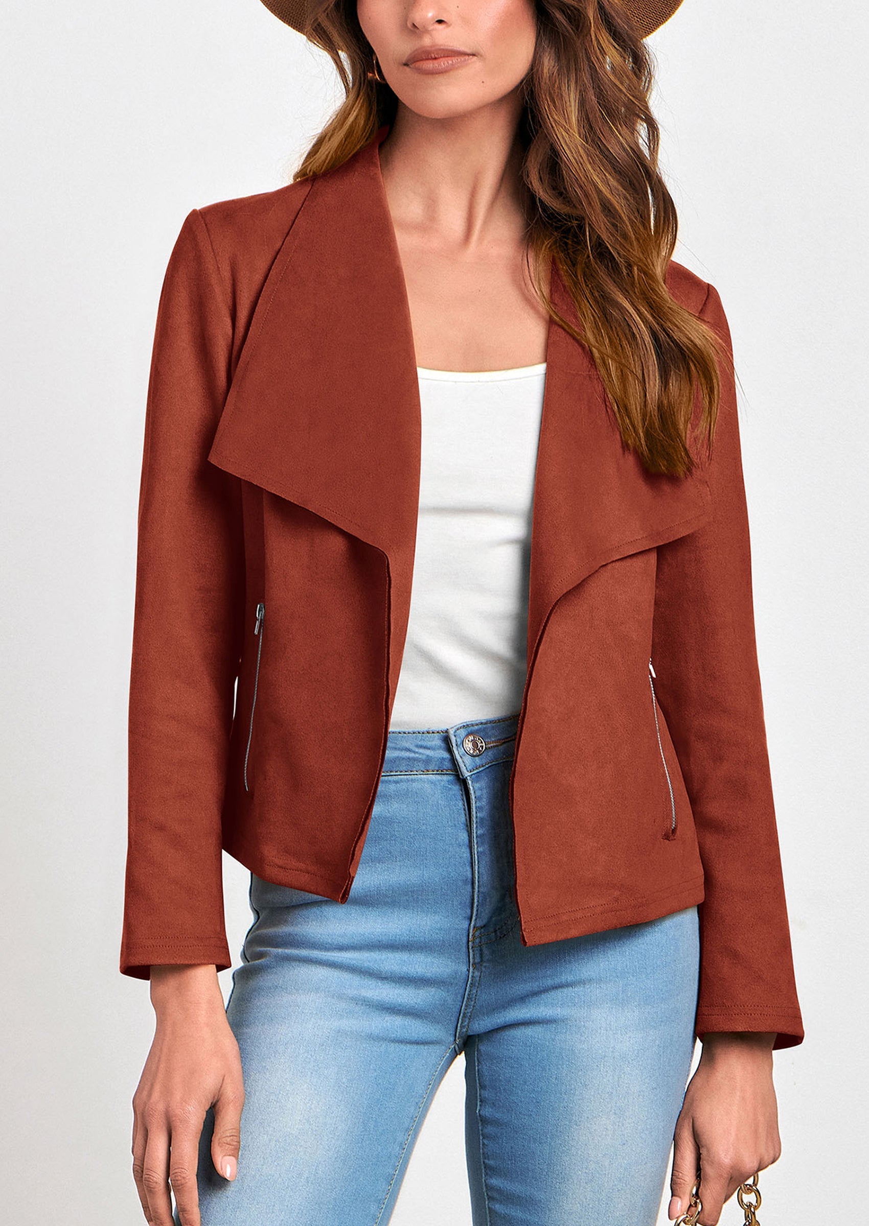 Women's Faux Suede Jackets Fashion Fall Clothes Long Sleeve Open Front Cropped Coat Outwear