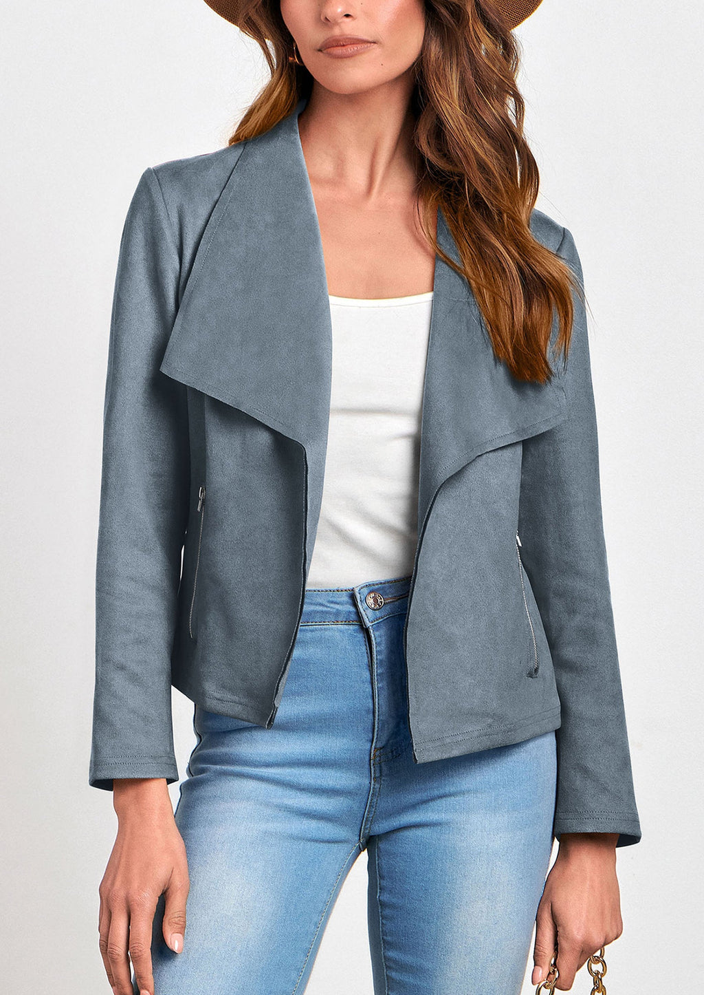 Women's Faux Suede Jackets Fashion Fall Clothes Long Sleeve Open Front Cropped Coat Outwear