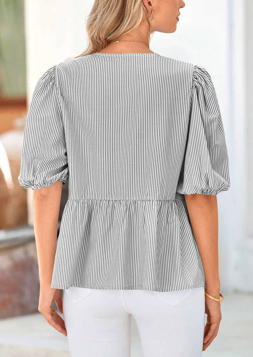 Women's Tie Front Striped Shirt Summer Trendy Fashion Cute Babydoll Tops Peplum Puffy Sleeve Blouse