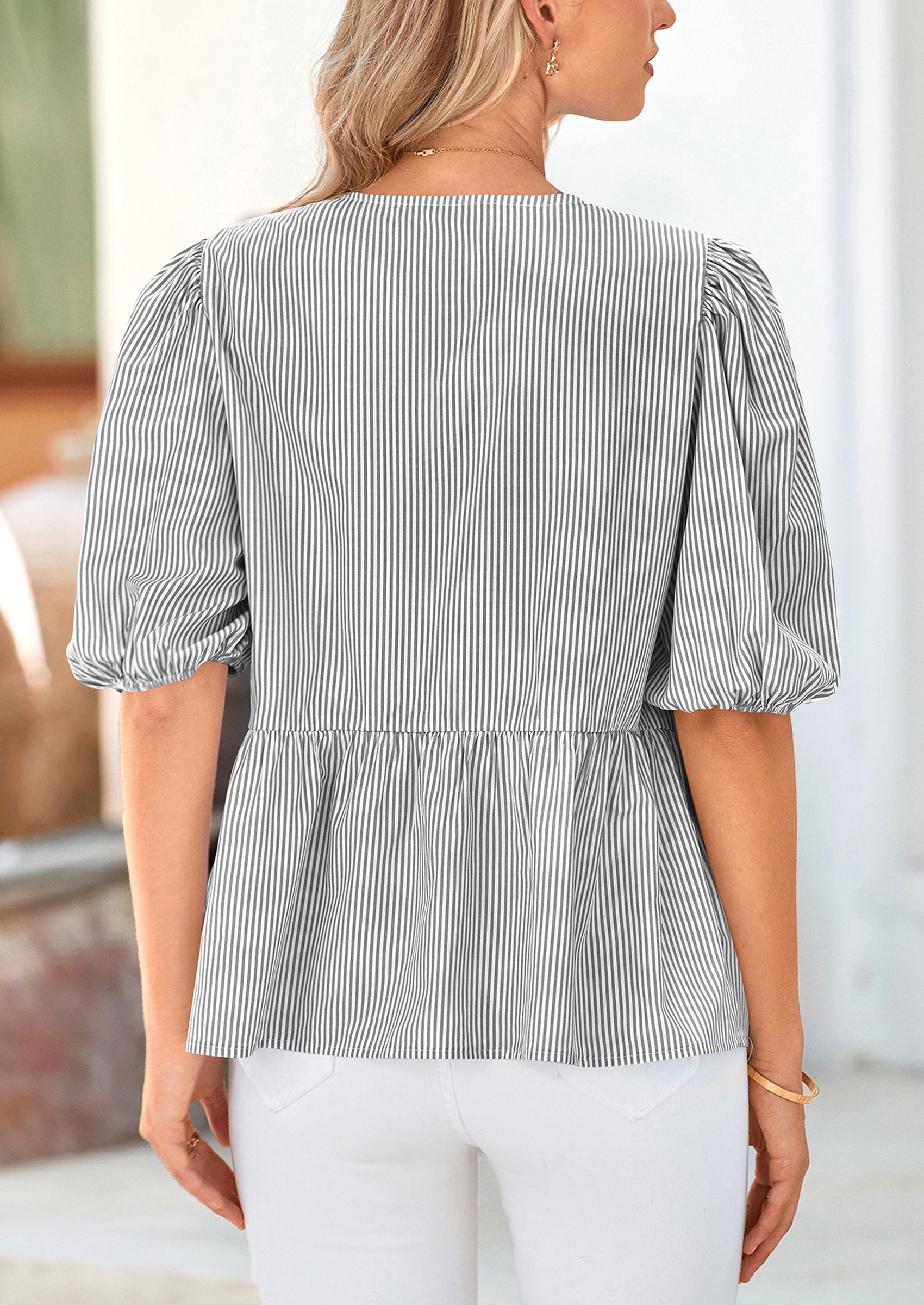 Women's Tie Front Striped Shirt Summer Trendy Fashion Cute Babydoll Tops Peplum Puffy Sleeve Blouse