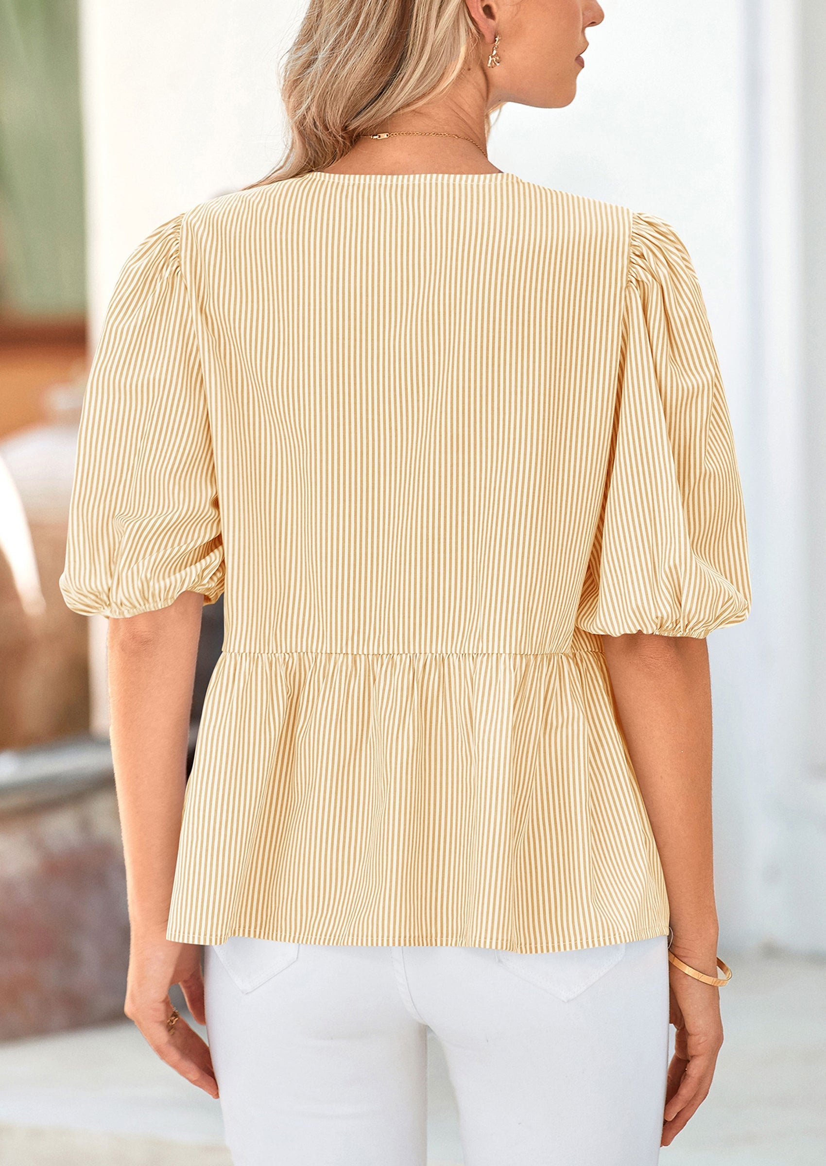 Women's Tie Front Striped Shirt Summer Trendy Fashion Cute Babydoll Tops Peplum Puffy Sleeve Blouse