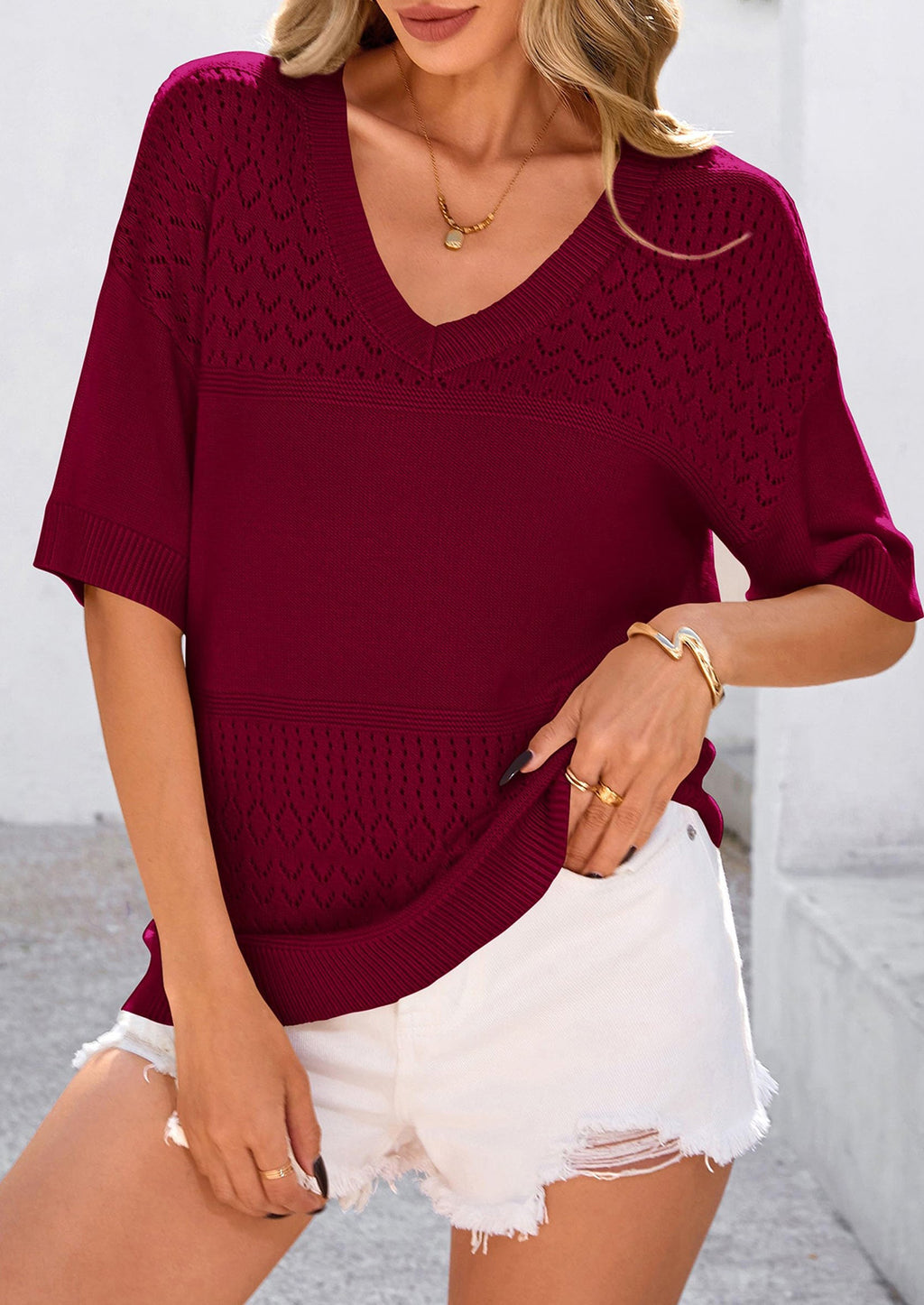 Women's Short Sleeve Sweater Tops Spring Summer Casual V Neck Ribbed Knit Trendy Eyelet Blouse T Shirts