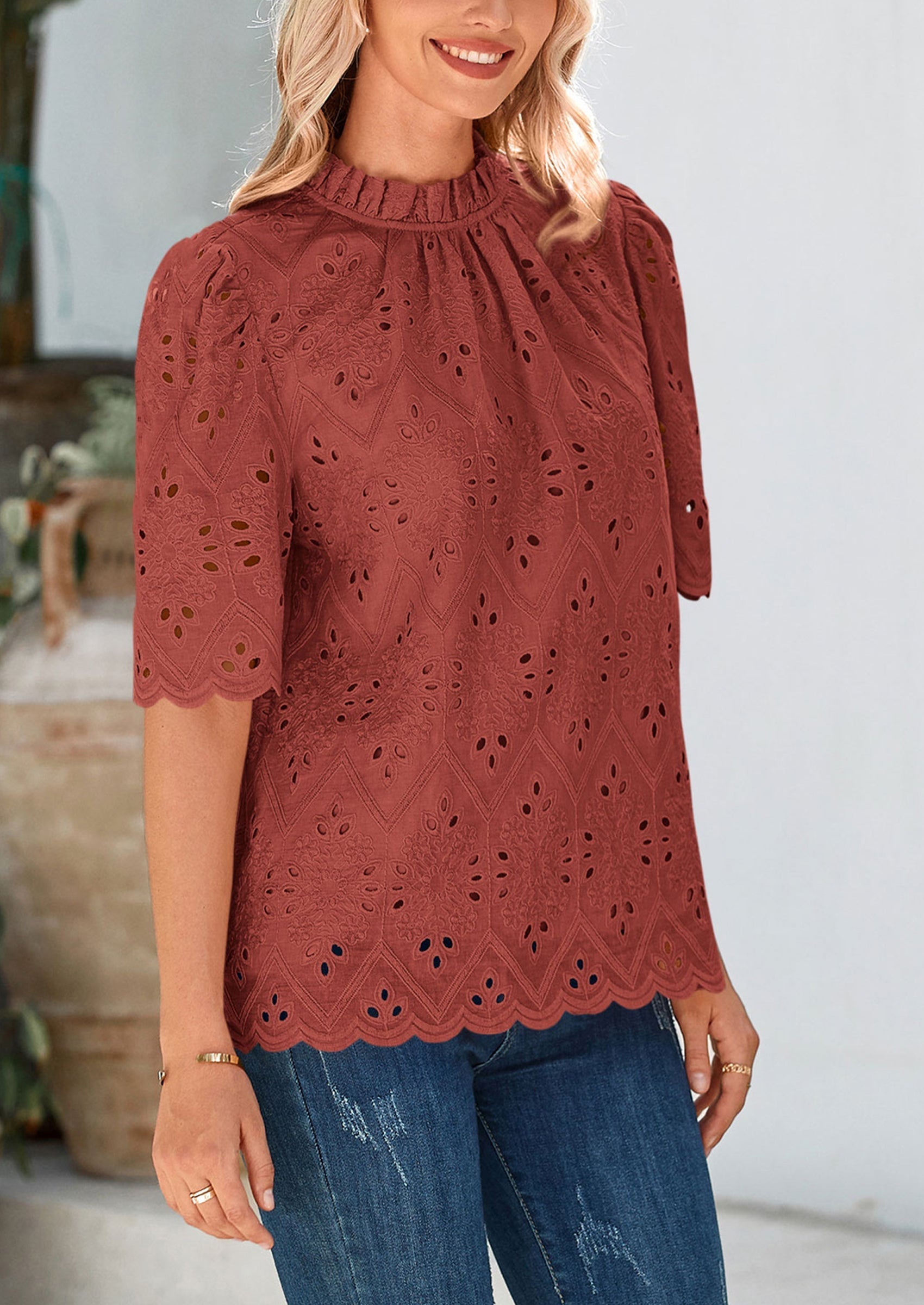 Womens Summer Tops Trendy Short Sleeve Eyelet Embroidered Dressy Casual Blouse Shirts