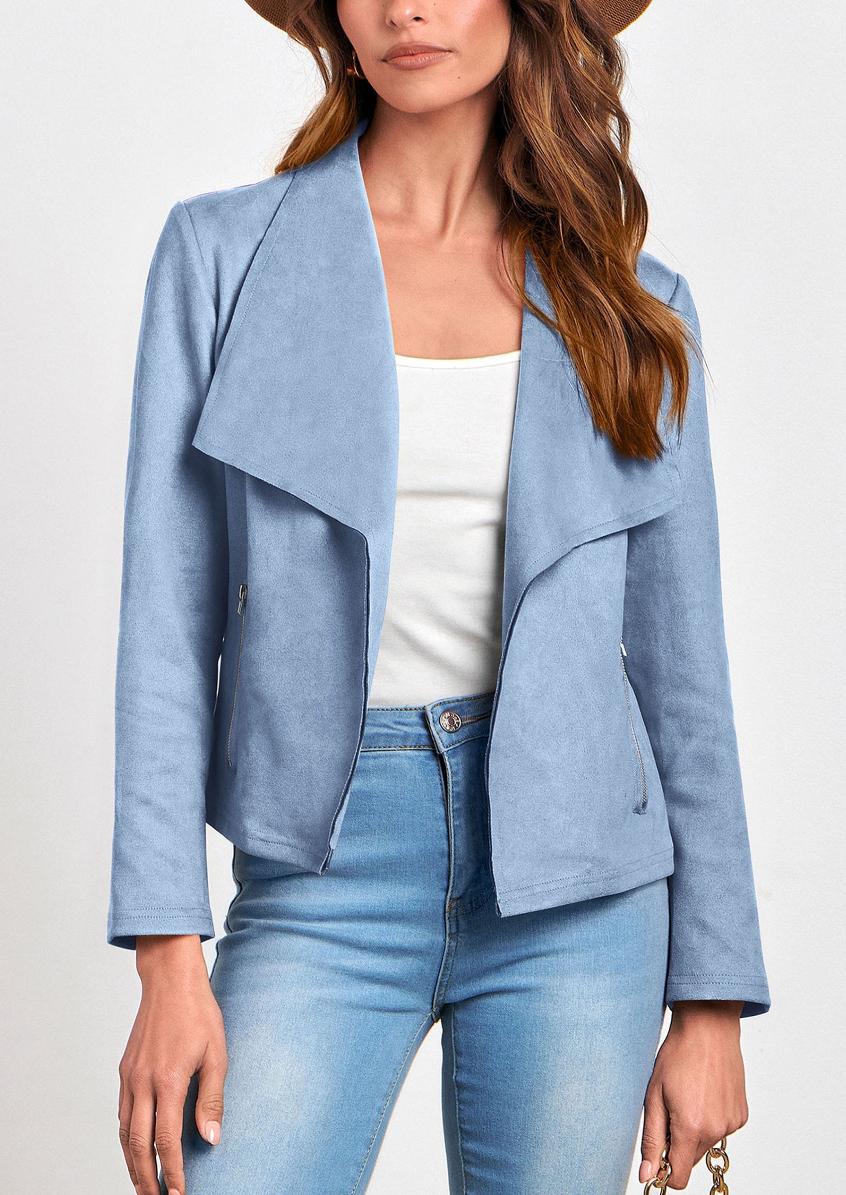 Women's Faux Suede Jackets Fashion Fall Clothes Long Sleeve Open Front Cropped Coat Outwear