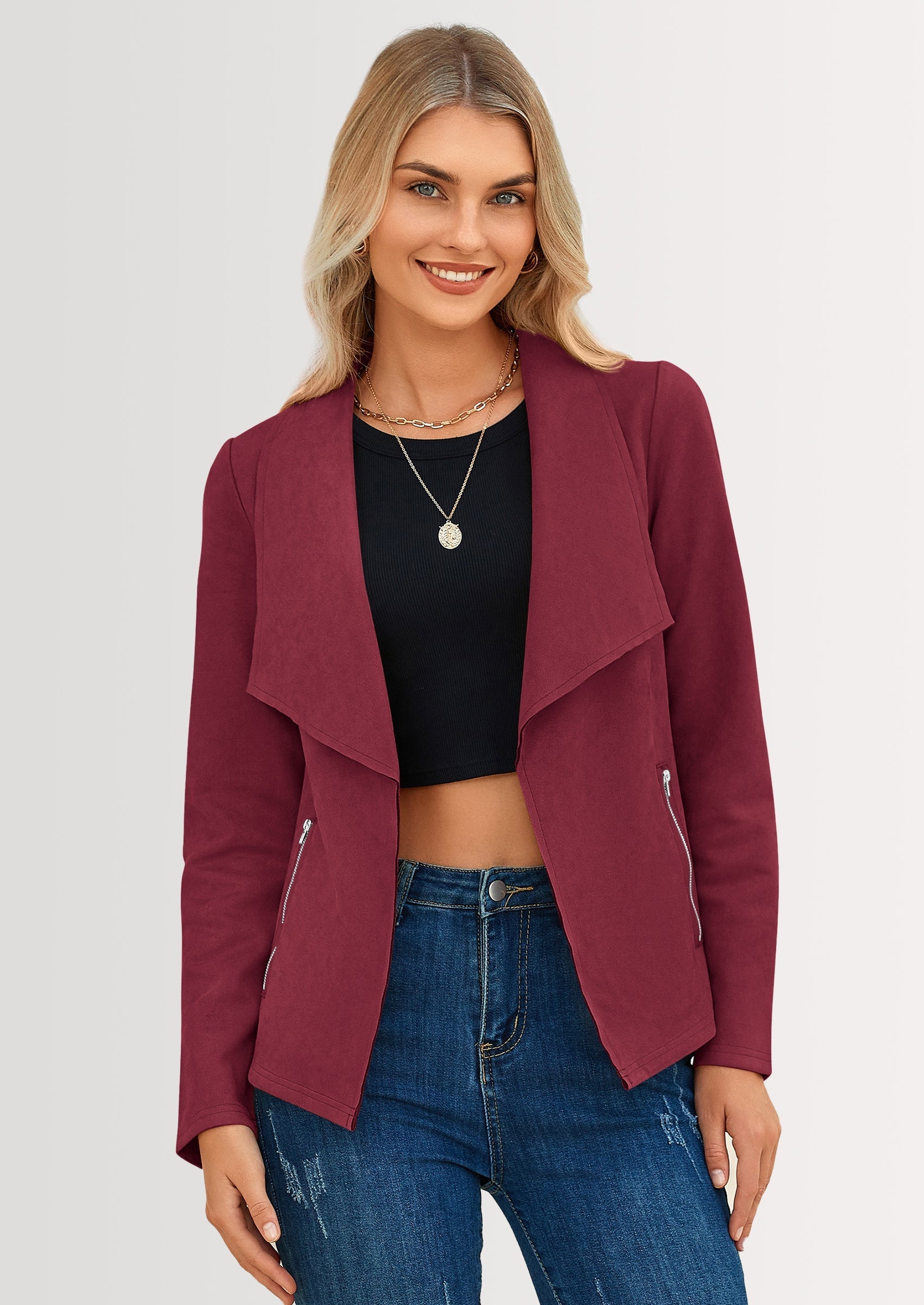 Women's Faux Suede Jackets Fashion Fall Clothes Long Sleeve Open Front Cropped Coat Outwear