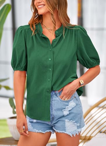Women's Summer Tops Button Down Shirts Short Lantern Sleeve V Neck Cotton Cute Dressy Casual Blouses