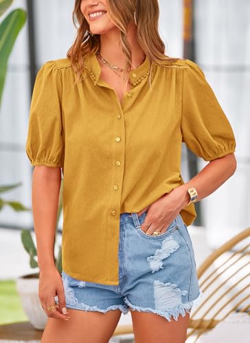 Women's Summer Tops Button Down Shirts Short Lantern Sleeve V Neck Cotton Cute Dressy Casual Blouses