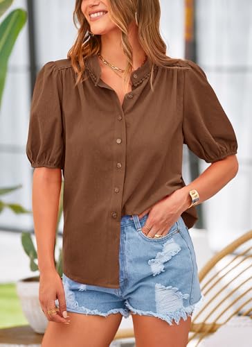 Women's Summer Tops Button Down Shirts Short Lantern Sleeve V Neck Cotton Cute Dressy Casual Blouses