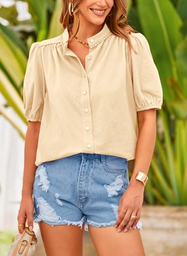 Women's Summer Tops Button Down Shirts Short Lantern Sleeve V Neck Cotton Cute Dressy Casual Blouses