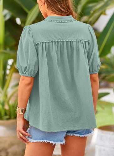 Women's Summer Tops Button Down Shirts Short Lantern Sleeve V Neck Cotton Cute Dressy Casual Blouses