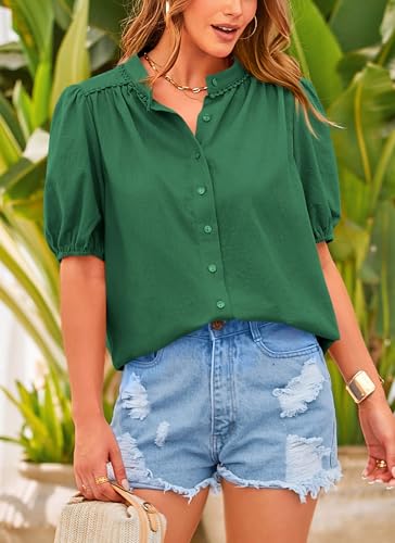 Women's Summer Tops Button Down Shirts Short Lantern Sleeve V Neck Cotton Cute Dressy Casual Blouses