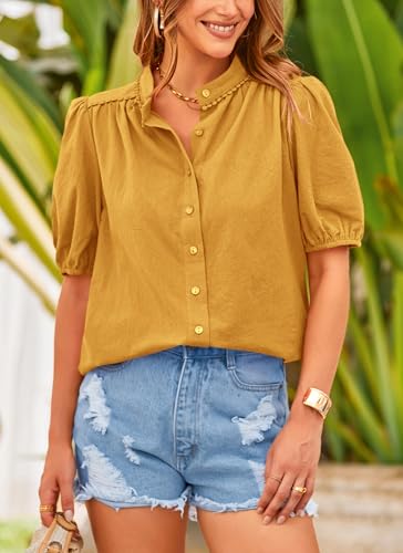 Women's Summer Tops Button Down Shirts Short Lantern Sleeve V Neck Cotton Cute Dressy Casual Blouses