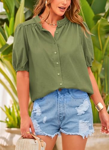 Women's Summer Tops Button Down Shirts Short Lantern Sleeve V Neck Cotton Cute Dressy Casual Blouses