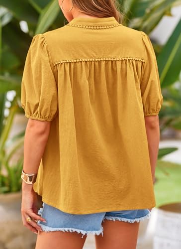 Women's Summer Tops Button Down Shirts Short Lantern Sleeve V Neck Cotton Cute Dressy Casual Blouses