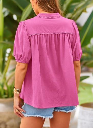 Women's Summer Tops Button Down Shirts Short Lantern Sleeve V Neck Cotton Cute Dressy Casual Blouses