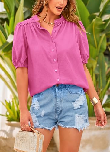 Women's Summer Tops Button Down Shirts Short Lantern Sleeve V Neck Cotton Cute Dressy Casual Blouses