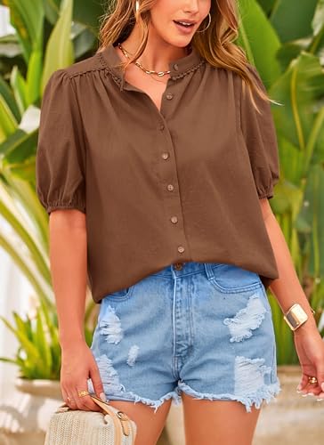 Women's Summer Tops Button Down Shirts Short Lantern Sleeve V Neck Cotton Cute Dressy Casual Blouses